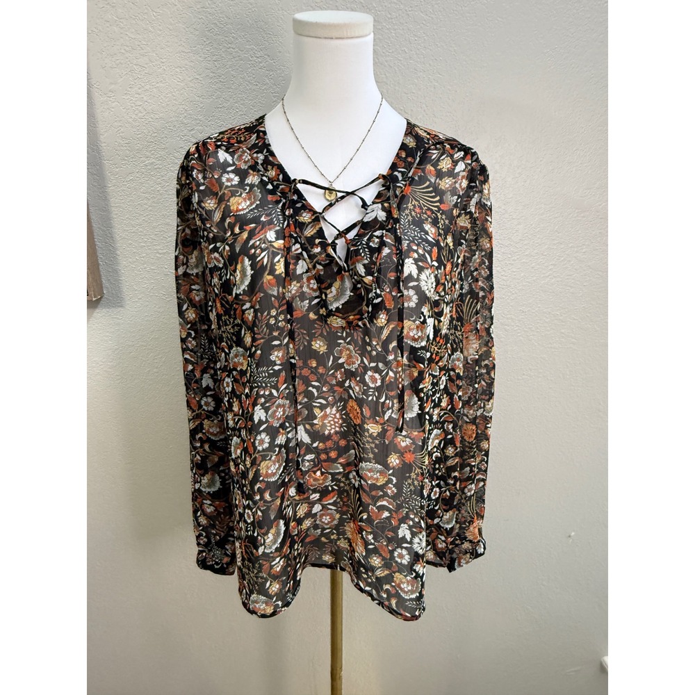Floral Sheer Blouse Boho Lace Up Top‎